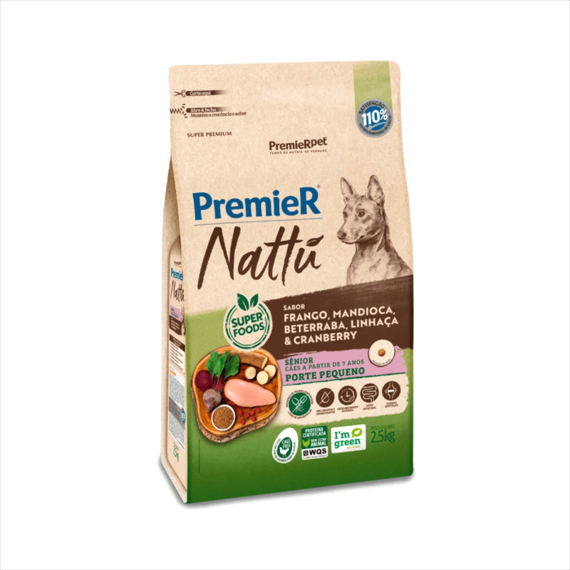 Ração Premier Nattu para Cães Sênior de Porte Pequeno Sabor Mandioca 2,5kg