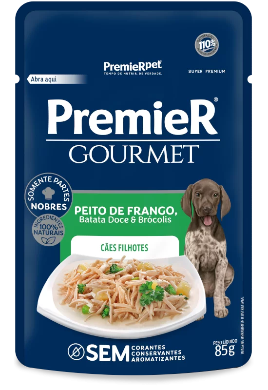 Ração Úmida Premier Gourmet Cães Filhotes Peito de Frango, Batata Doce e Brócolis 85 g