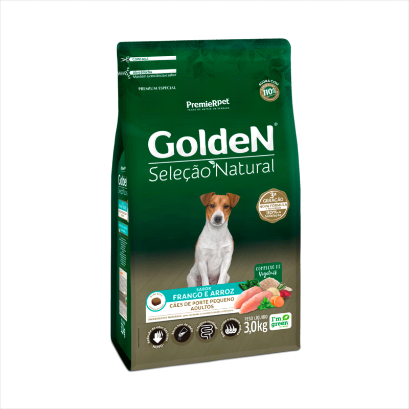 Ração Golden Seleção Natural Mini Bits para Cães Adultos de Porte Pequeno Sabor Frango e Arroz 3kg
