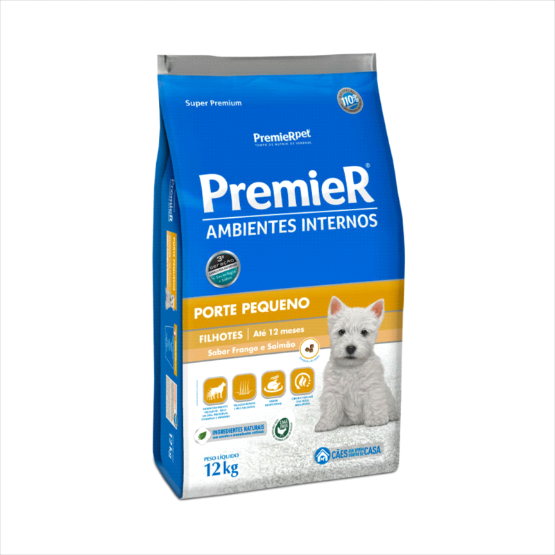 Ração Premier para Cães Filhotes de Raças Pequenas Ambientes Internos Sabor Frango e Salmão 12kg