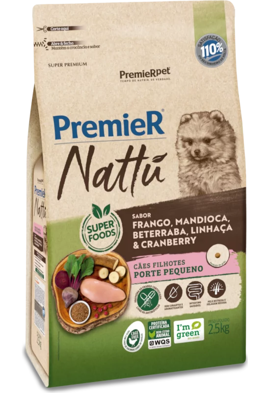 Ração Premier Nattu para Cães Filhotes de Raças Pequenas Sabor Mandioca 2,5kg