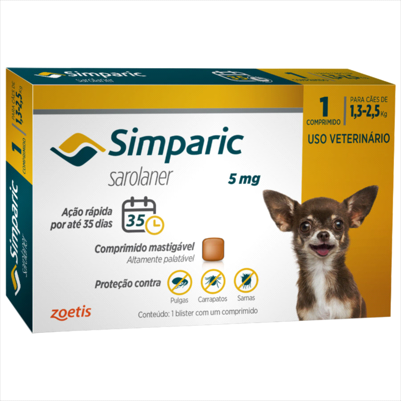 Antipulgas Simparic 5 mg para cães 1,3 a 2,5 kg 1 comprimido - Zoetis
