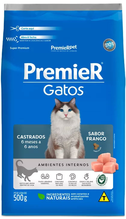 Ração Premier para Gatos Castrados de 6 meses a 6 anos Sabor Frango 500g