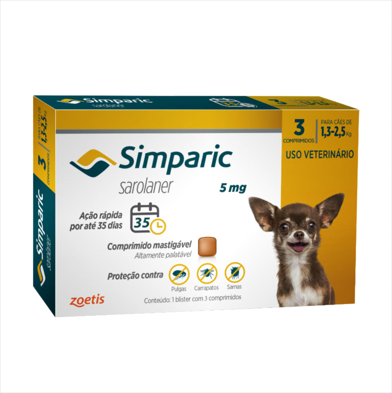 Antipulgas Simparic 5 mg para cães 1,3 a 2,5 kg - Zoetis