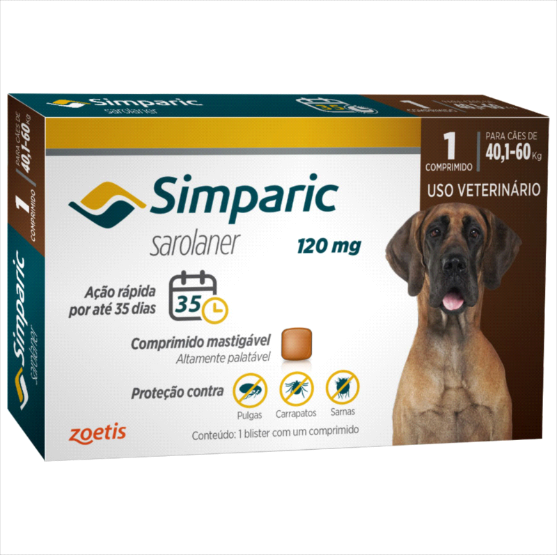 Antipulgas Simparic 120 mg para cães 40,1 a 60 kg  1 comprimido - Zoetis
