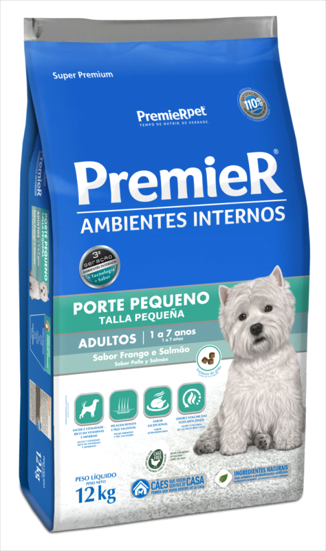 Ração Premier Ambientes Internos Cães Adultos Raças Pequenas Frango e Salmão 12 kg