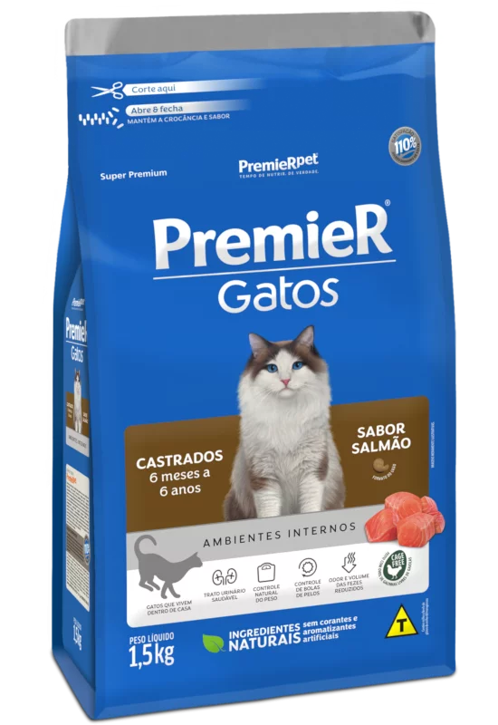 Ração Premier para Gatos Castrados de 6 meses a 6 anos Sabor Salmão 1,5kg