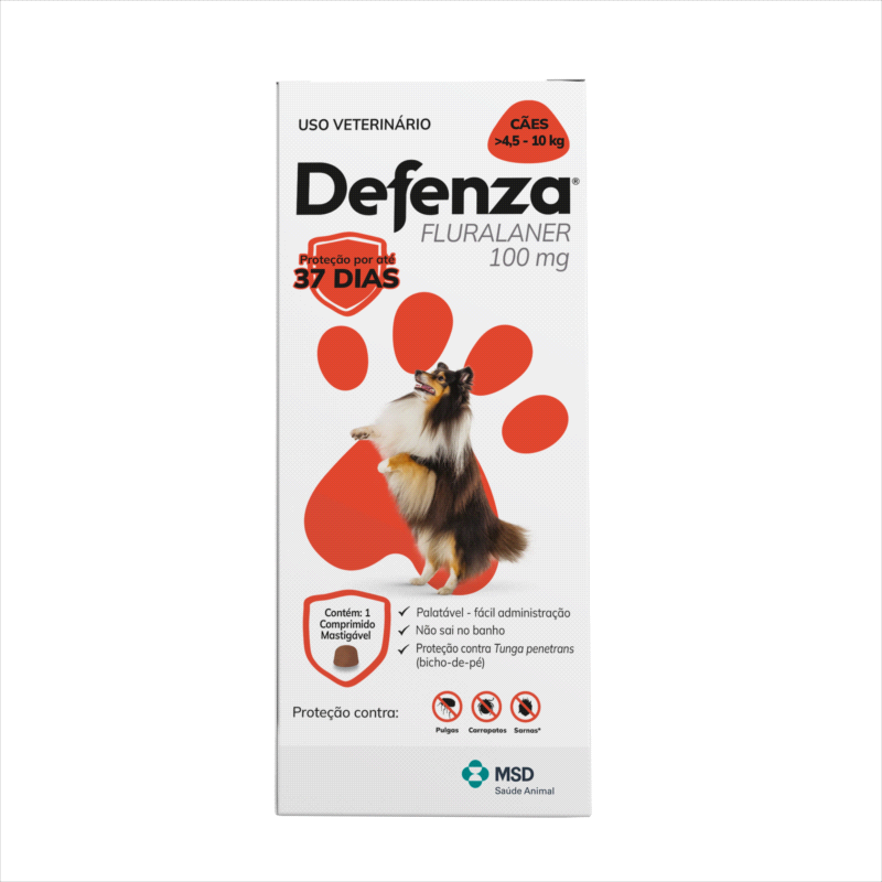 Defenza - Antipulgas, Bicho-de-Pé, Carrapatos e Sarnas - Cães de 4,5 a 10 kg - 1 Comp. Mastigável 100mg - MSD Saúde Animal