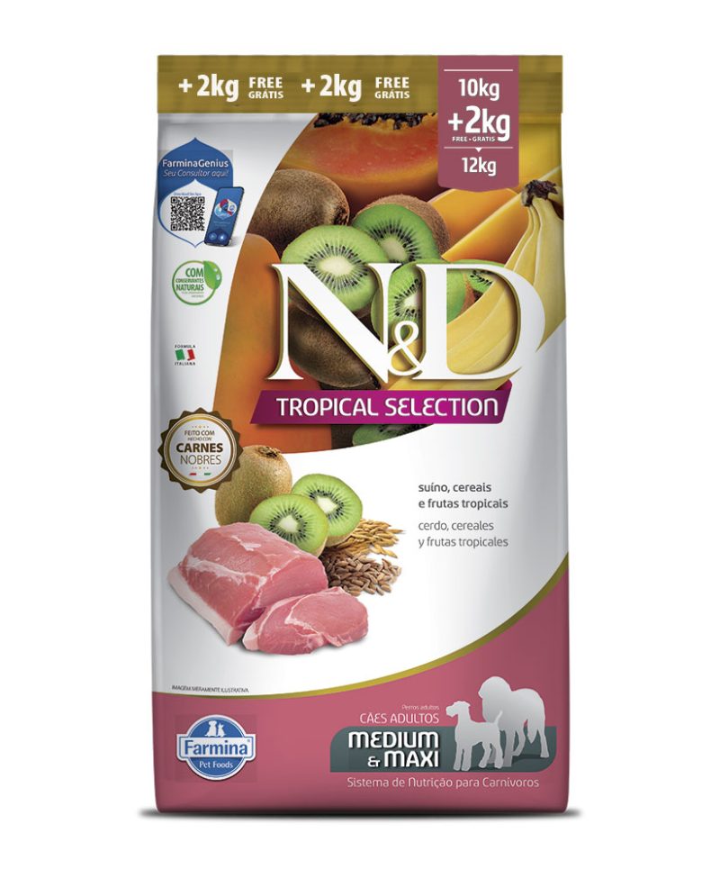 Ração N&D Tropical Selection Cães Adultos Medium e Maxi Salmão 10+2kg Grátis