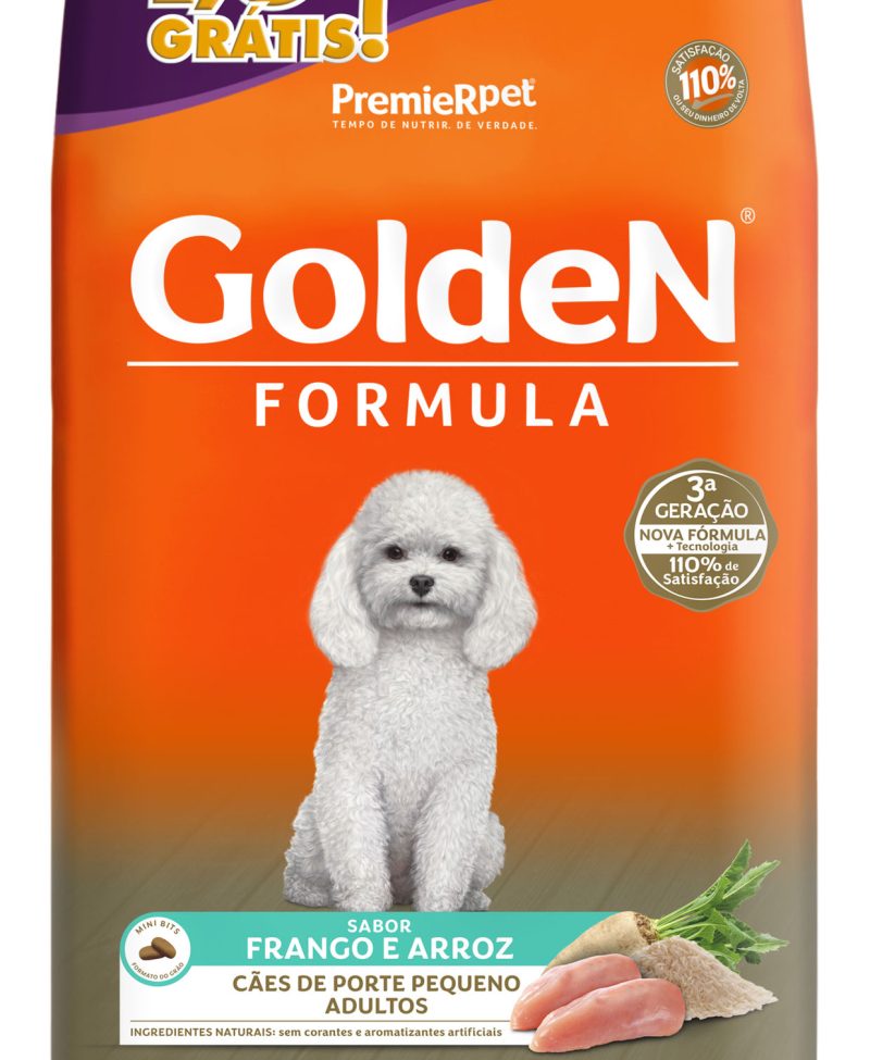 Ração Golden Fórmula Mini Bits Cães Adultos de Porte Pequeno Sabor Frango e Arroz Bonus Bag Pague 9,1 leve 10,1