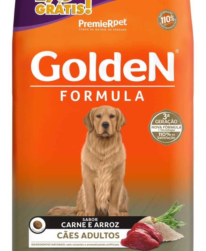 Ração Golden Fórmula para Cães Adultos Sabor Carne e Arroz Bonus Bag pague 14 leve 15kg