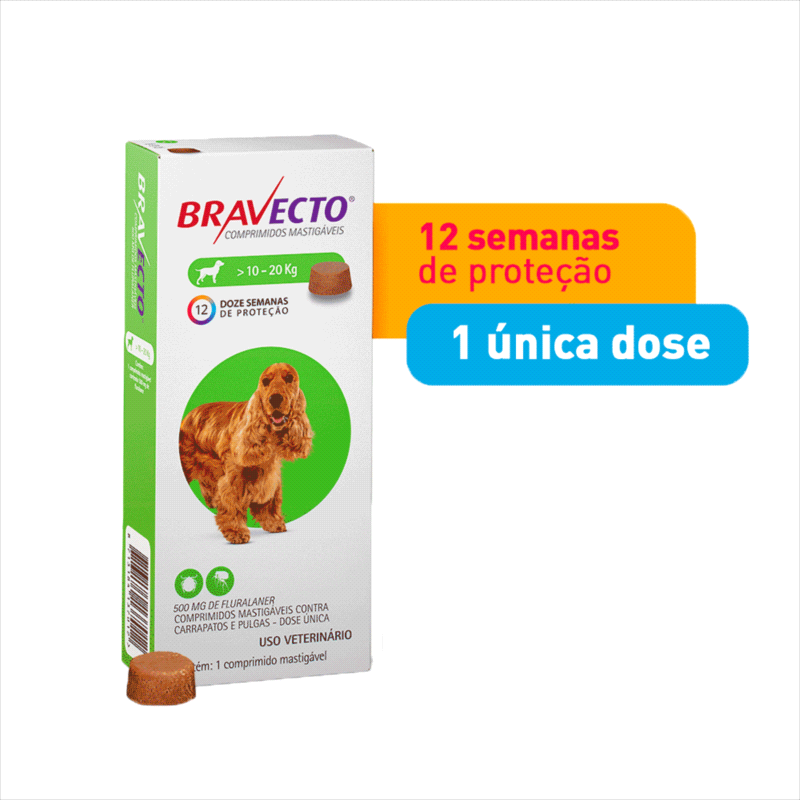 Antipulgas e Carrapatos Bravecto 10 kg a 20 kg Cães 500mg 1 comprimido